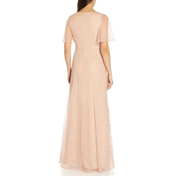 NWT Adrianna Papell Metallic Clip Dot pink V-neck Draped Gown maxi Sz 4 - Picture 5 of 12
